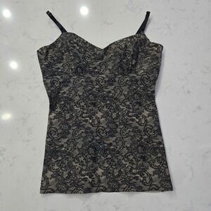 Y2K Vintage Glam Black Lace Flocked Paisley Camisole Tan | Large